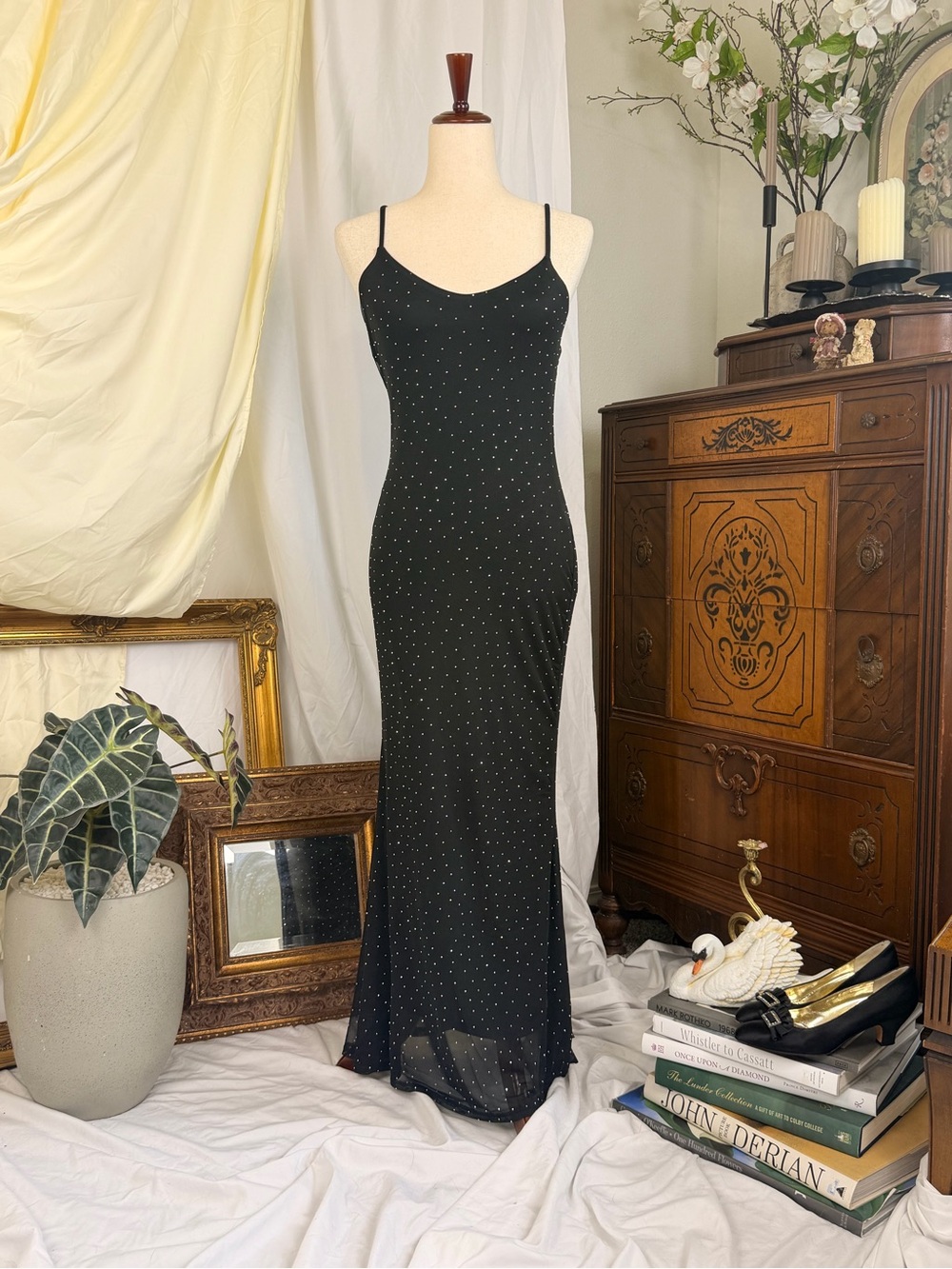 90s Grunge Coquette Mobwife Maxi Evening Romantic Fit Black Spotted Slip Dress